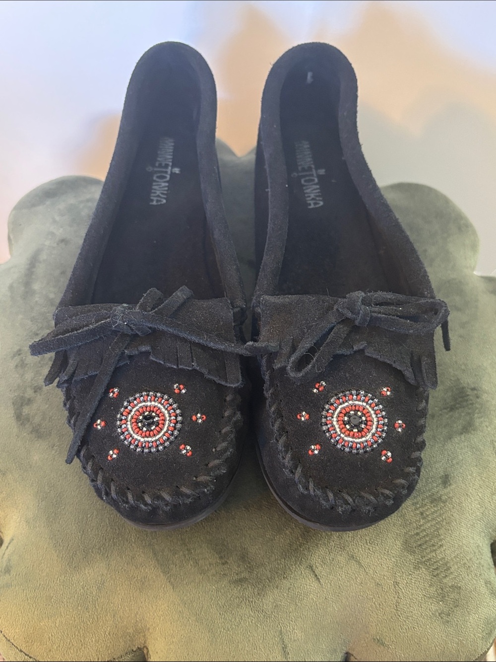 Minnetonka Black Beaded Fringe Moccasins